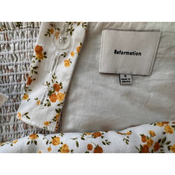 New REFORMATION Women's White-Yellow Floral Darci Linen Top Size 6 - Picture 6 of 8
